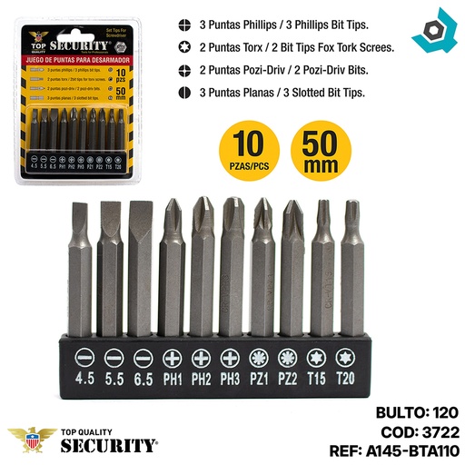 [3722] PUNTAS PARA TALADRO 10 PIEZAS SECURITY