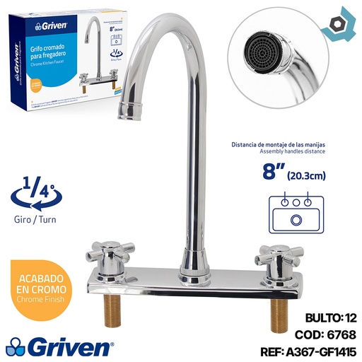 [6768] GRIFERIA PARA FREGADERO 8" CUELLO DE CISNE GRIVEN