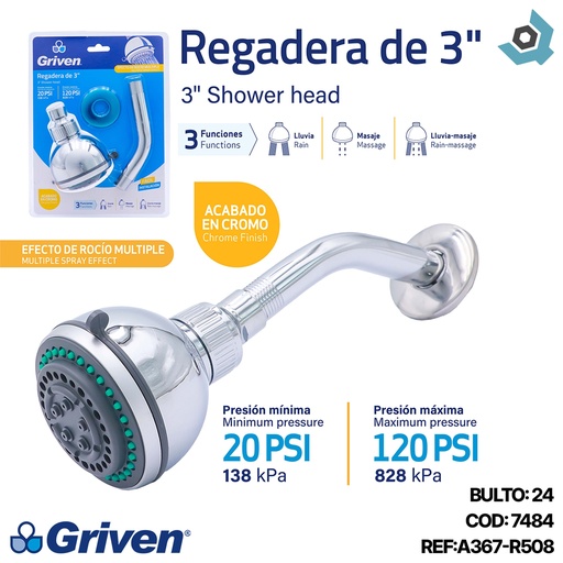 [7484] REGADERA PARA BANO 3" CON EXTENSION GRIVEN