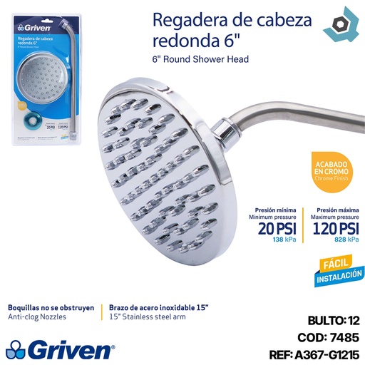 [7485] REGADERA PARA BANO 6" CON EXTENSION GRIVEN