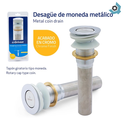 [7614] DESAGUE PARA LAVAMANOS 1 1/4" X 19CM MONEDA METALICO GRIVEN