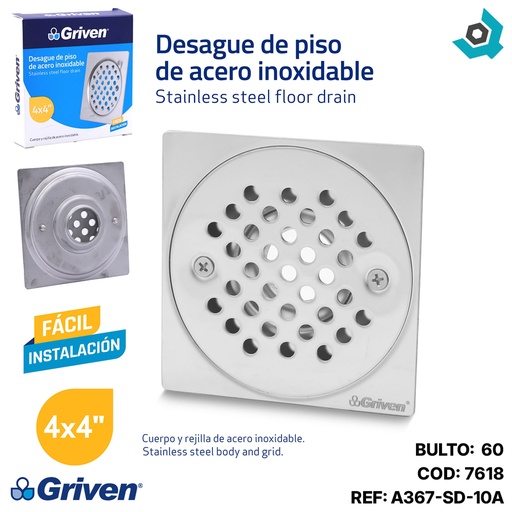 [7618] DESAGUE DE PISO 4" X 4" CON TAPA GRIVEN