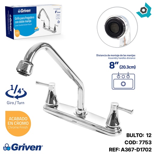 [7753] GRIFERIA PARA FREGADERO 8" DOBLE MANIJA GRIVEN