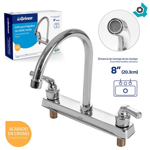[7812] GRIFERIA PARA FREGADERO 8" DOBLE MANIJA GRIVEN